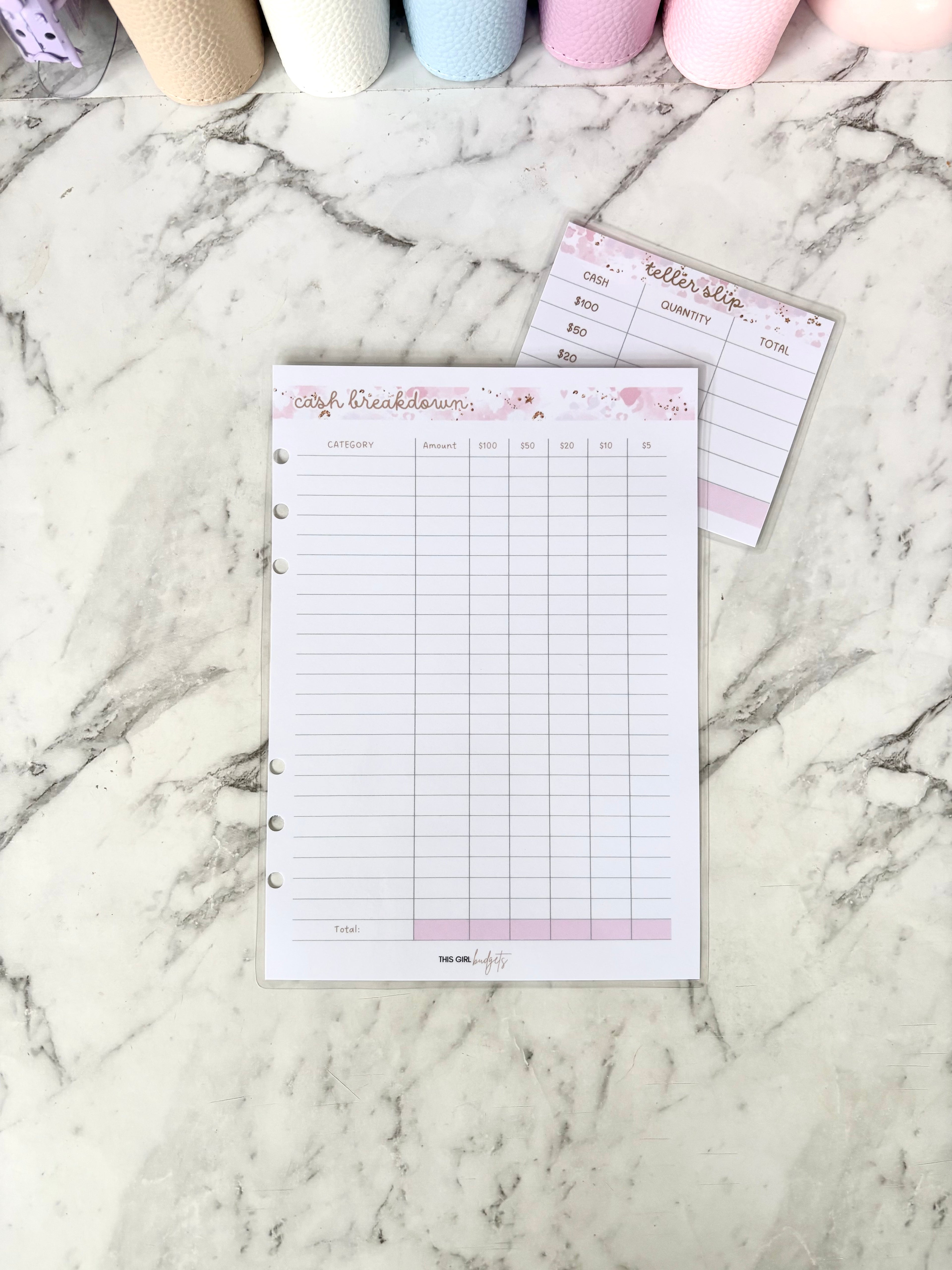 Cash Breakdown Reusable Sheet (includes teller slip)