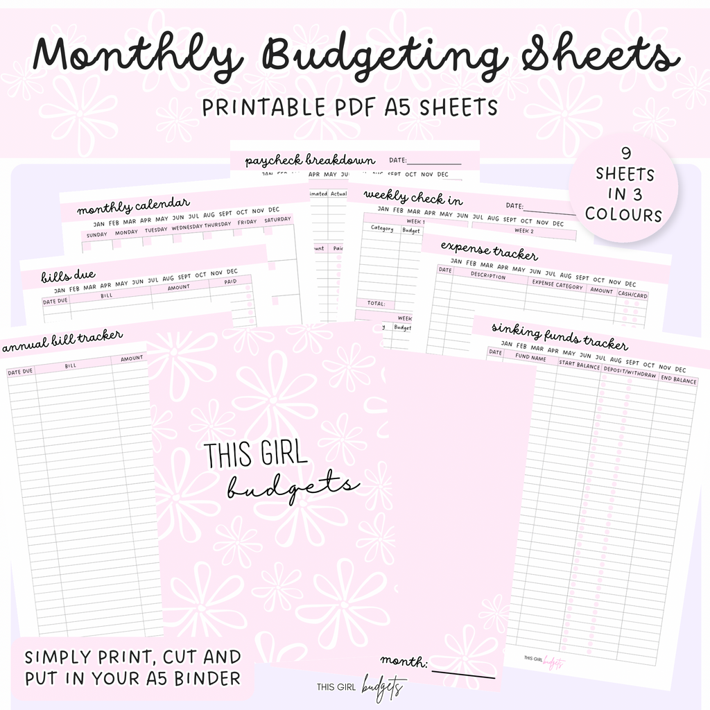 Printable PDF Monthly Budgeting Sheets - A5